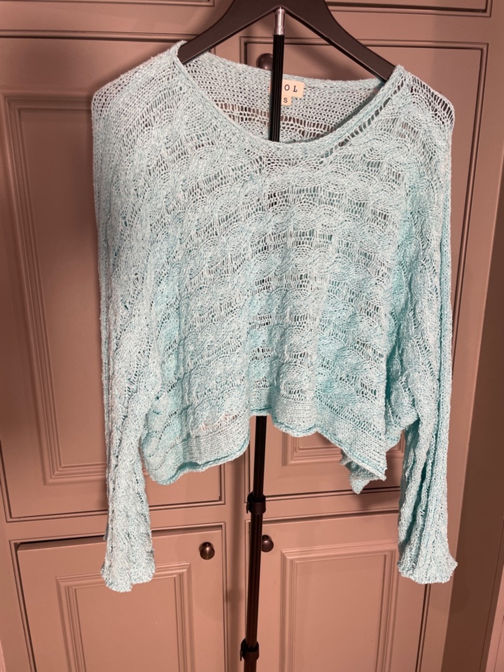 POL Open-Weave Cropped Sweater in Light Aqua in Small